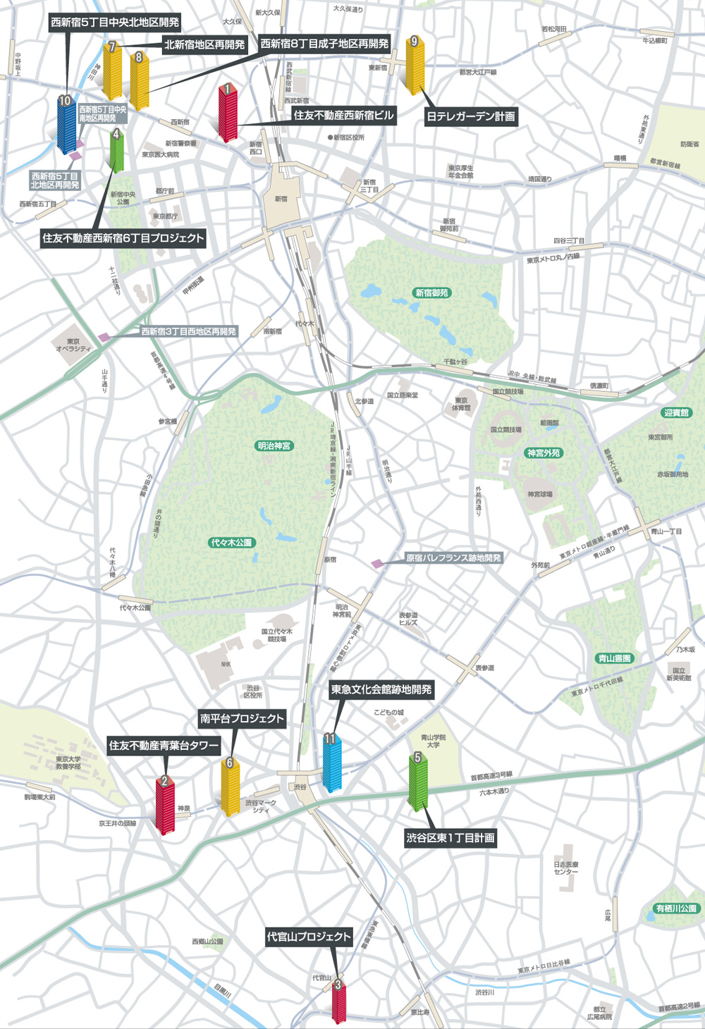 東京オフィスビル竣工マップ:西新宿・東新宿・渋谷・恵比寿