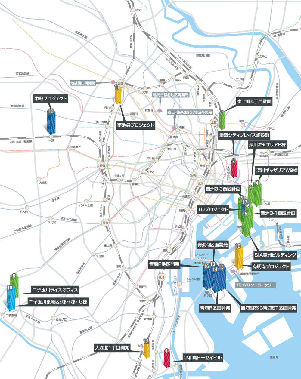東京オフィスビル竣工マップ:東京湾岸・郊外