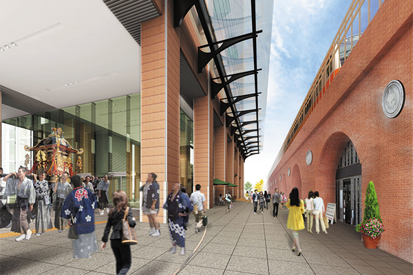 赤レンガアーチを活かしたビルと高架間の歩行空間